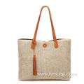 Unique straw beach bag canvas shopping bags travel handwoven shoulder tassel shoulder purse for ladies girls